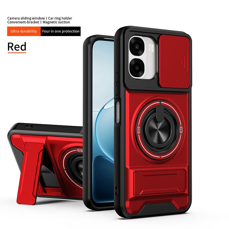 Luxury Slide Camera Lens Cover Case for OPPO A6X 5G/4G, Built-in Ring Stand and Folding Stand Magnetic Protective Case