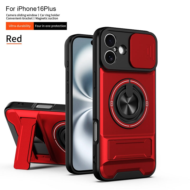 Luxury Slide Camera Lens Cover Case for iPhone 16 Plus, Built-in Ring Stand and Folding Stand Magnetic Protective Case