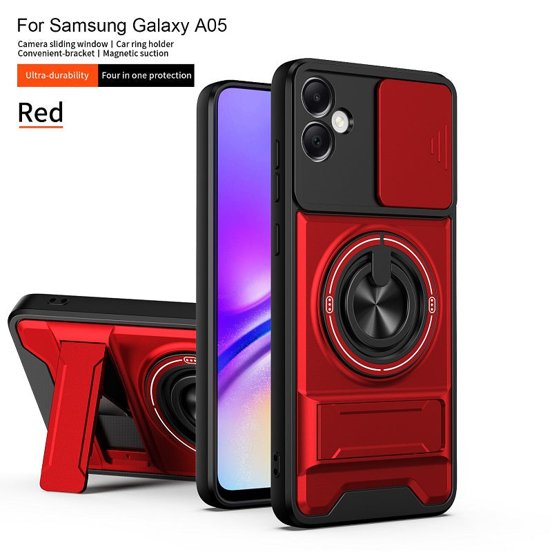 Luxury Slide Camera Lens Cover Case for Samsung Galaxy A05 4G, Built-in Ring Stand and Folding Stand Magnetic Protective Case