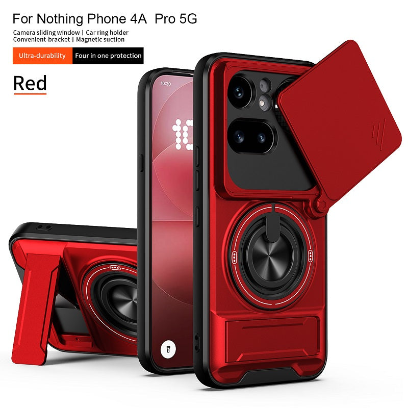 Luxury Slide Camera Lens Cover Case for Nothing Phone (4a) Pro 5G, Built-in Ring Stand and Folding Stand Magnetic Protective Case