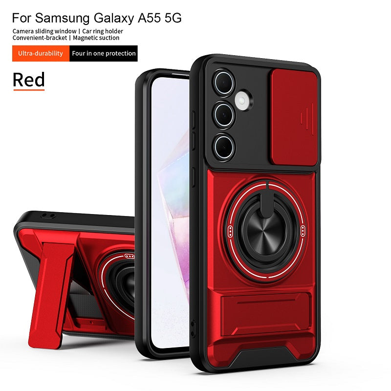 Luxury Slide Camera Lens Cover Case for Samsung Galaxy A55 5G, Built-in Ring Stand and Folding Stand Magnetic Protective Case