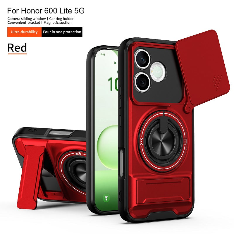 Luxury Slide Camera Lens Cover Case for Honor 600 Lite, Built-in Ring Stand and Folding Stand Magnetic Protective Case