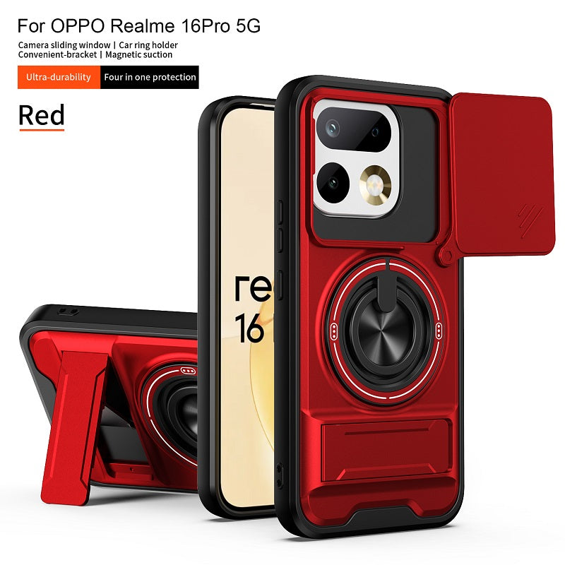 Luxury Slide Camera Lens Cover Case for OPPO Realme 16 Pro 5G, Built-in Ring Stand and Folding Stand Magnetic Protective Case