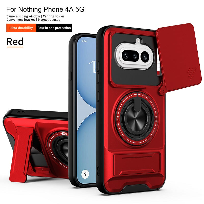 Luxury Slide Camera Lens Cover Case for Nothing Phone (4a) 5G, Built-in Ring Stand and Folding Stand Magnetic Protective Case
