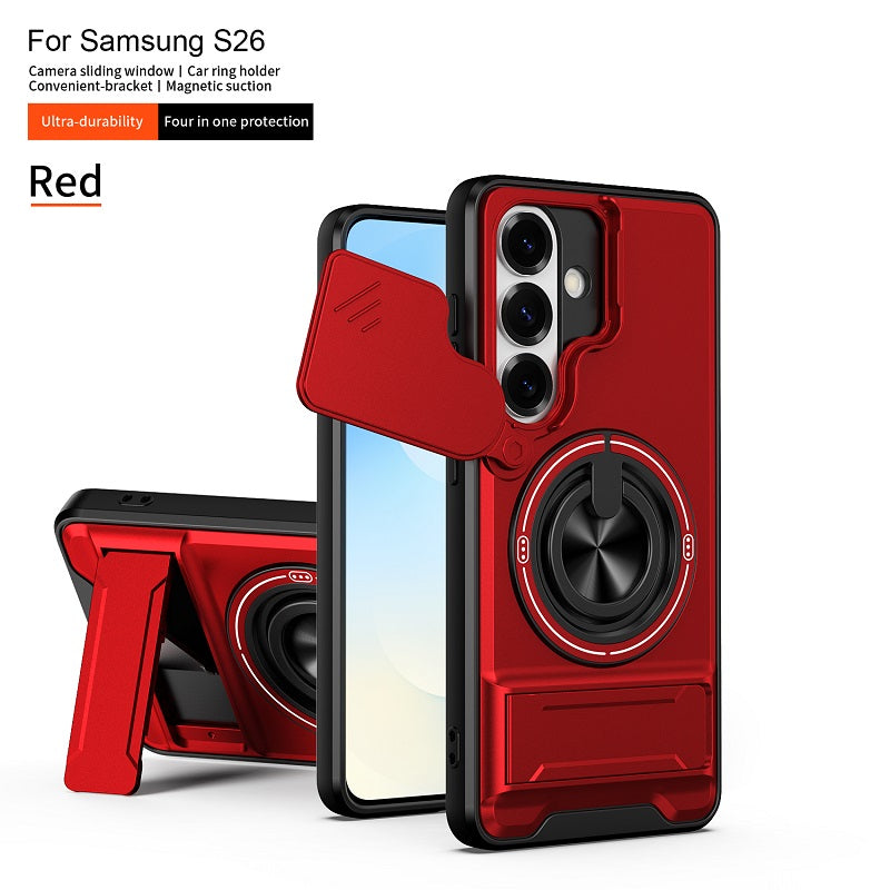 Luxury Slide Camera Lens Cover Case for Samsung Galaxy S26, Built-in Ring Stand and Folding Stand Magnetic Protective Case