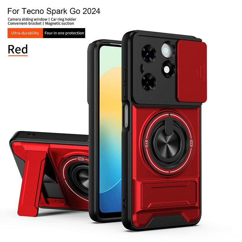 Luxury Slide Camera Lens Cover Case for Tecno Spark Go 2024, Built-in Ring Stand and Folding Stand Magnetic Protective Case
