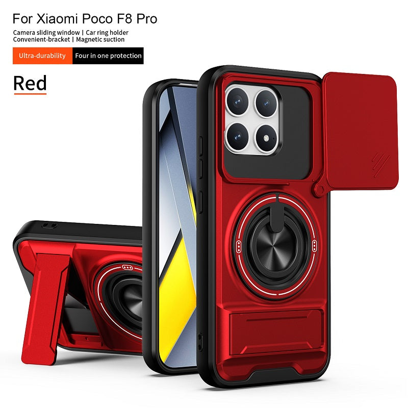 Luxury Slide Camera Lens Cover Case for Xiaomi Poco F8 Pro, Built-in Ring Stand and Folding Stand Magnetic Protective Case