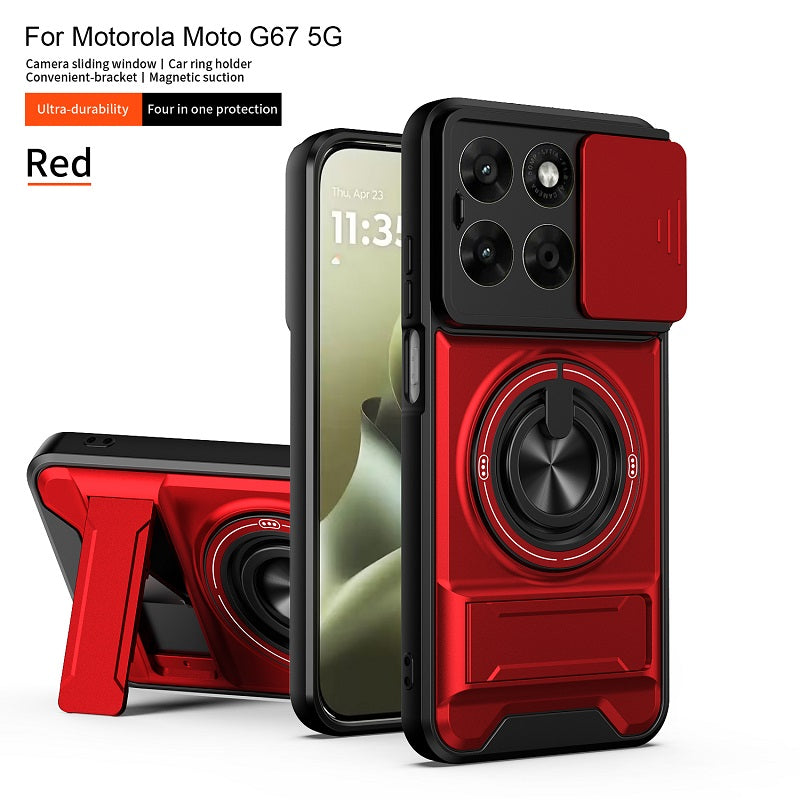 Luxury Slide Camera Lens Cover Case for Motorola Moto G67 5G, Built-in Ring Stand and Folding Stand Magnetic Protective Case