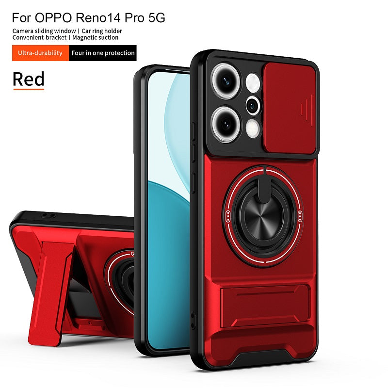 Luxury Slide Camera Lens Cover Case for OPPO Reno 14 Pro 5G, Built-in Ring Stand and Folding Stand Magnetic Protective Case