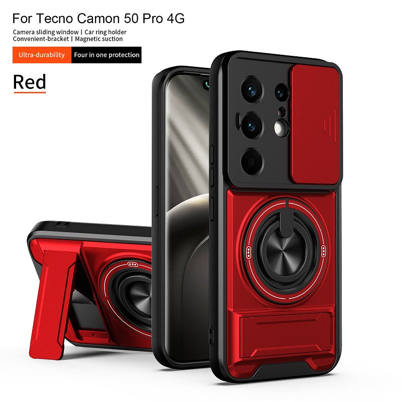 Luxury Slide Camera Lens Cover Case for Tecno Camon 50 Pro 4G, Built-in Ring Stand and Folding Stand Magnetic Protective Case