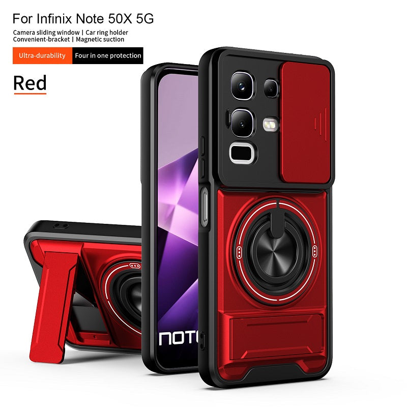 Luxury Slide Camera Lens Cover Case for Infinix Note 50X 5G, Built-in Ring Stand and Folding Stand Magnetic Protective Case