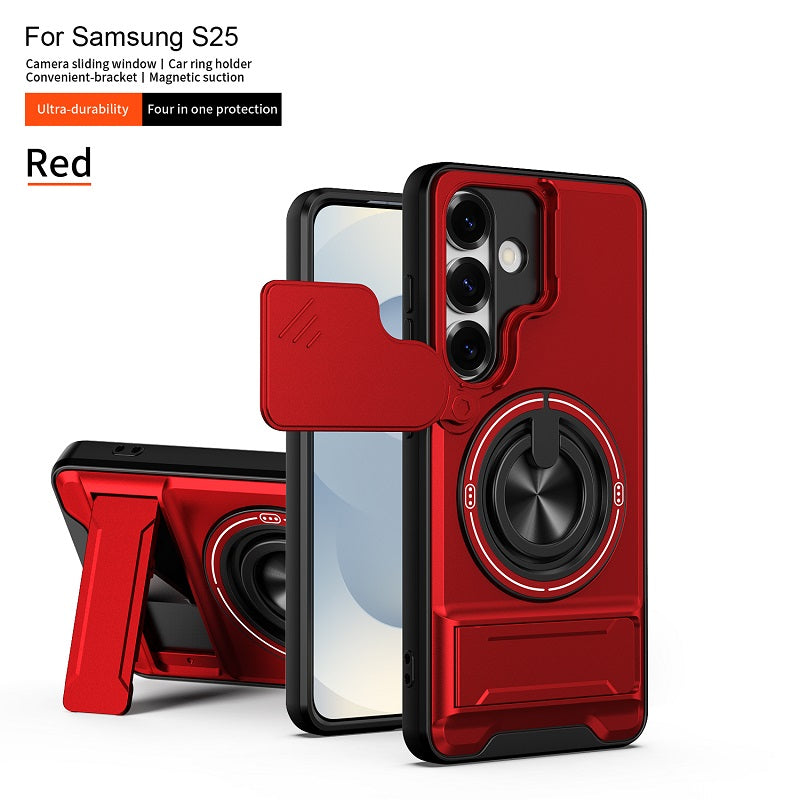 Luxury Slide Camera Lens Cover Case for Samsung Galaxy S25, Built-in Ring Stand and Folding Stand Magnetic Protective Case