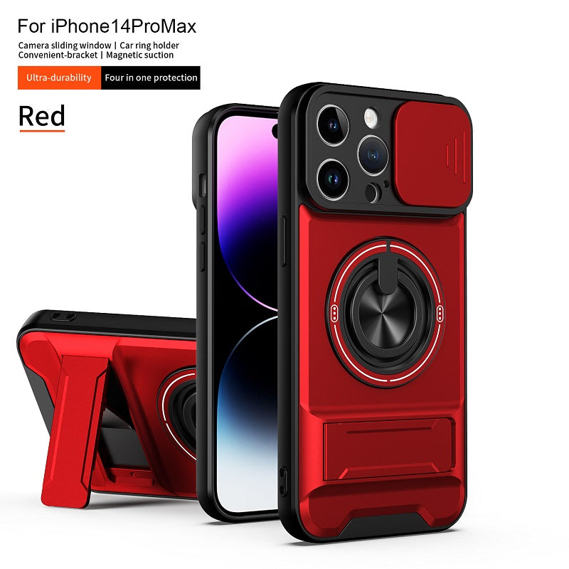 Luxury Slide Camera Lens Cover Case for iPhone 14 Pro Max, Built-in Ring Stand and Folding Stand Magnetic Protective Case