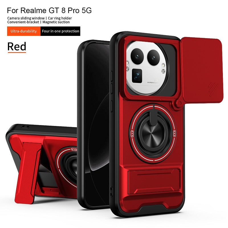 Luxury Slide Camera Lens Cover Case for OPPO Realme GT 8 Pro 5G, Built-in Ring Stand and Folding Stand Magnetic Protective Case