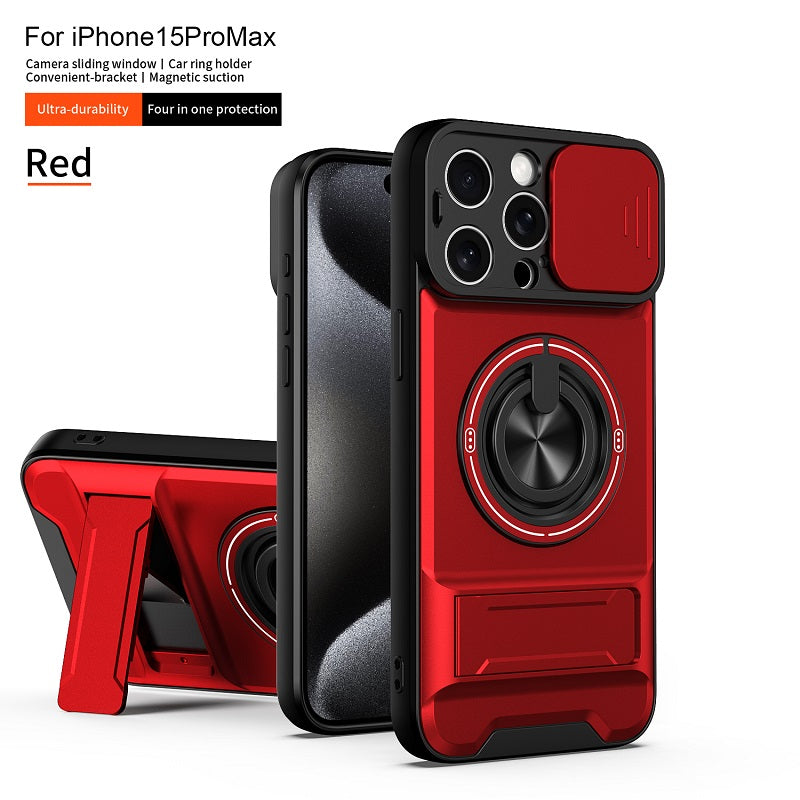 Luxury Slide Camera Lens Cover Case for iPhone 15 Pro Max, Built-in Ring Stand and Folding Stand Magnetic Protective Case