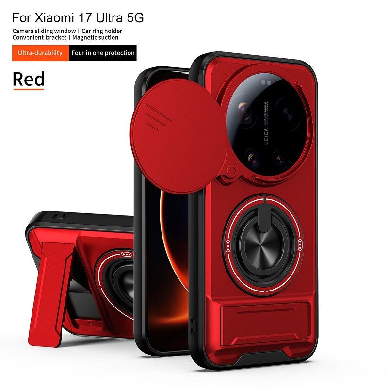 Luxury Slide Camera Lens Cover Case for Xiaomi 17 Ultra 5G, Built-in Ring Stand and Folding Stand Magnetic Protective Case