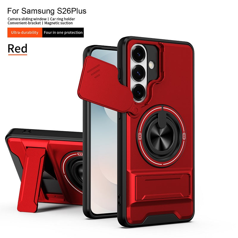 Luxury Slide Camera Lens Cover Case for Samsung Galaxy S26 Plus, Built-in Ring Stand and Folding Stand Magnetic Protective Case
