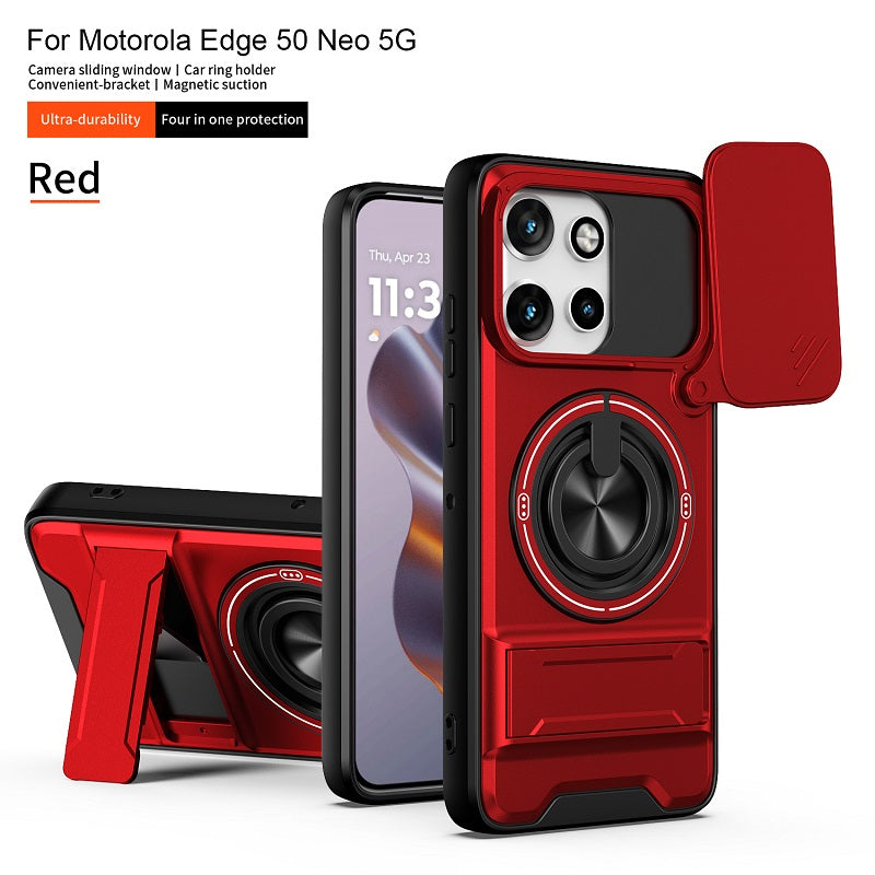 Luxury Slide Camera Lens Cover Case for Motorola Edge 50 Neo 5G, Built-in Ring Stand and Folding Stand Magnetic Protective Case