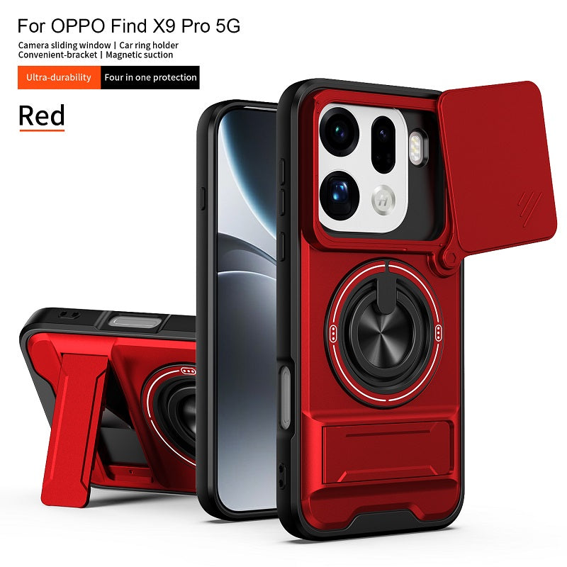 Luxury Slide Camera Lens Cover Case for OPPO Find X9 Pro, Built-in Ring Stand and Folding Stand Magnetic Protective Case