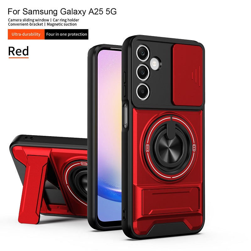 Luxury Slide Camera Lens Cover Case for Samsung Galaxy A25 5G, Built-in Ring Stand and Folding Stand Magnetic Protective Case