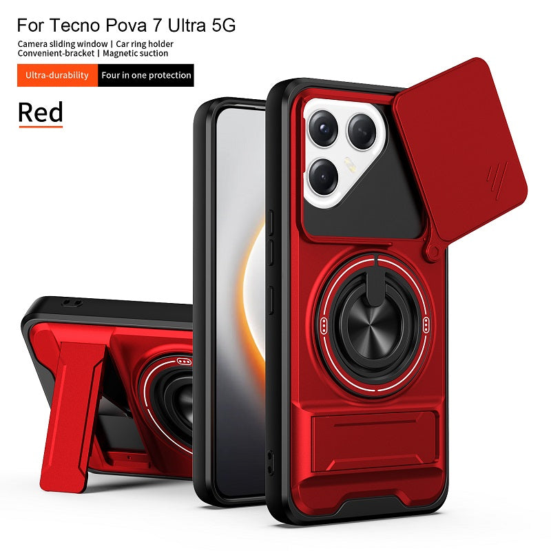 Luxury Slide Camera Lens Cover Case for Tecno Pova 7 Ultra 5G, Built-in Ring Stand and Folding Stand Magnetic Protective Case