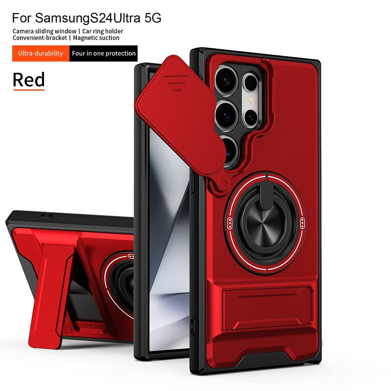 Luxury Slide Camera Lens Cover Case for Samsung Galaxy S24 Ultra, Built-in Ring Stand and Folding Stand Magnetic Protective Case