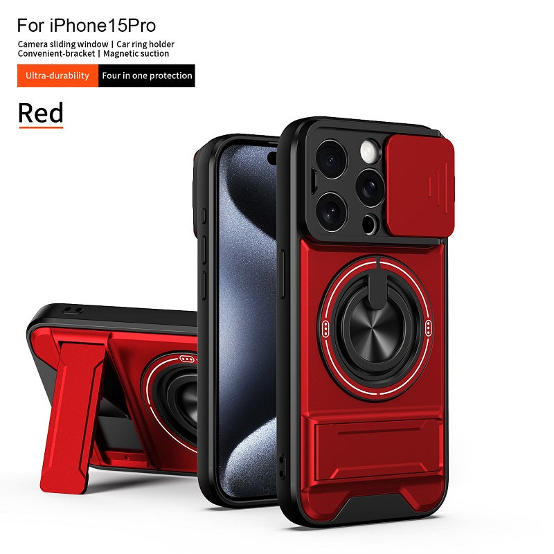 Luxury Slide Camera Lens Cover Case for iPhone 15 Pro, Built-in Ring Stand and Folding Stand Magnetic Protective Case