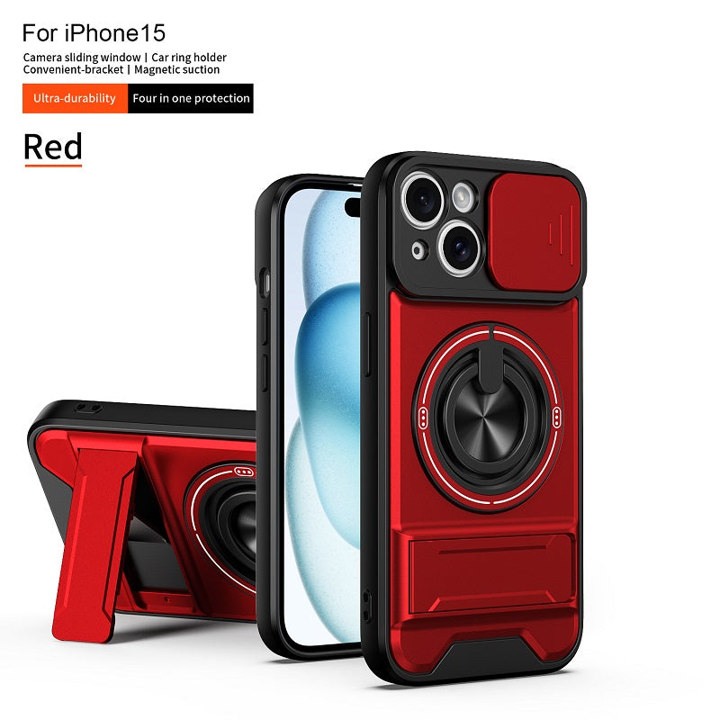 Luxury Slide Camera Lens Cover Case for iPhone 15, Built-in Ring Stand and Folding Stand Magnetic Protective Case