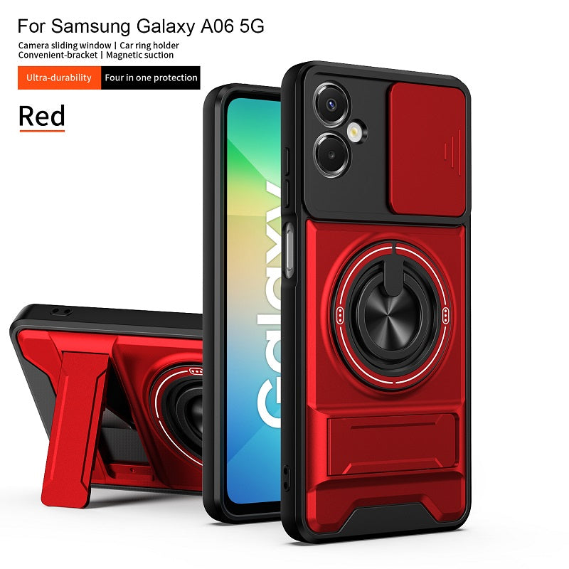 Luxury Slide Camera Lens Cover Case for Samsung Galaxy A06 5G/4G, Built-in Ring Stand and Folding Stand Magnetic Protective Case