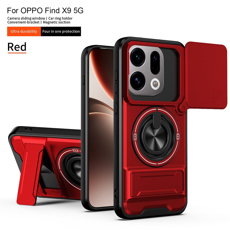 Luxury Slide Camera Lens Cover Case for OPPO Find X9, Built-in Ring Stand and Folding Stand Magnetic Protective Case