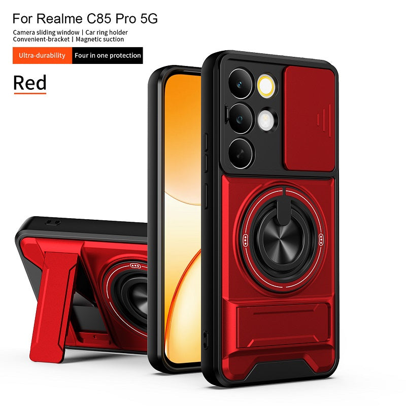 Luxury Slide Camera Lens Cover Case for OPPO Realme C85 Pro 5G, Built-in Ring Stand and Folding Stand Magnetic Protective Case
