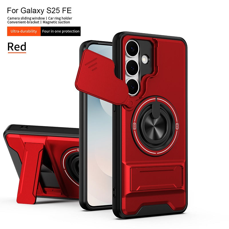 Luxury Slide Camera Lens Cover Case for Samsung Galaxy S25 FE, Built-in Ring Stand and Folding Stand Magnetic Protective Case