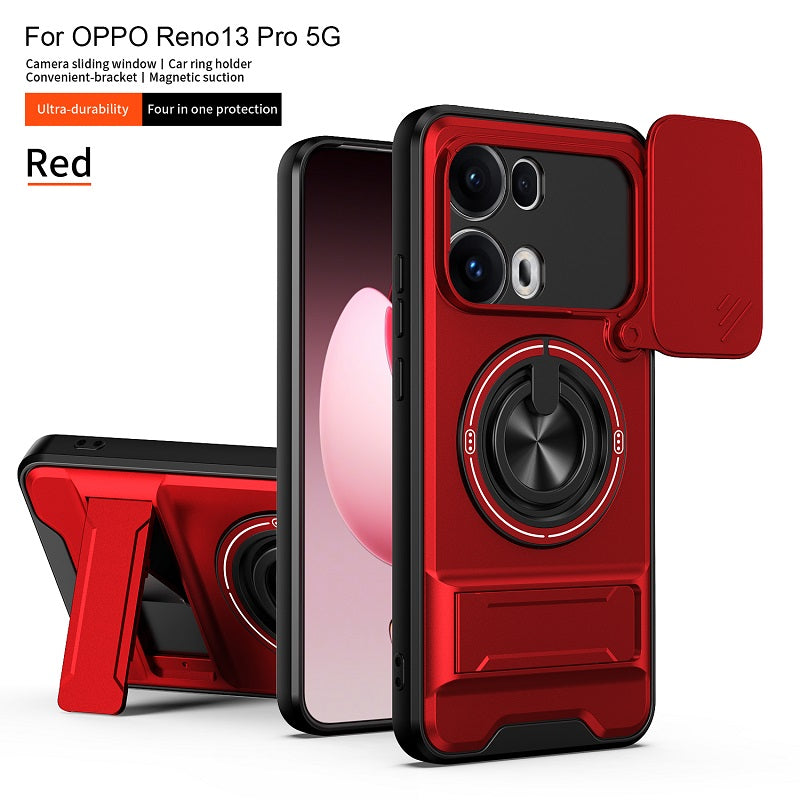 Luxury Slide Camera Lens Cover Case for OPPO Reno 13 Pro 5G, Built-in Ring Stand and Folding Stand Magnetic Protective Case