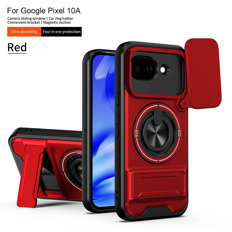 Luxury Slide Camera Lens Cover Case for Google Pixel 10A, Built-in Ring Stand and Folding Stand Magnetic Protective Case