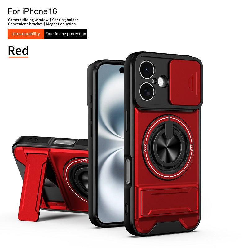 Luxury Slide Camera Lens Cover Case for iPhone 16, Built-in Ring Stand and Folding Stand Magnetic Protective Case