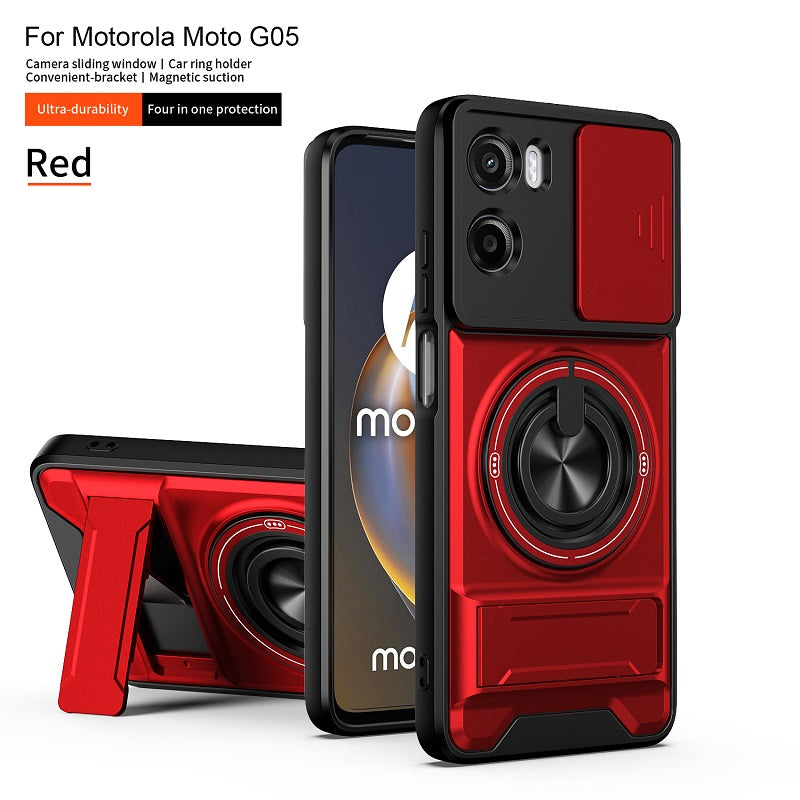 Luxury Slide Camera Lens Cover Case for Motorola Moto G05 4G, Built-in Ring Stand and Folding Stand Magnetic Protective Case