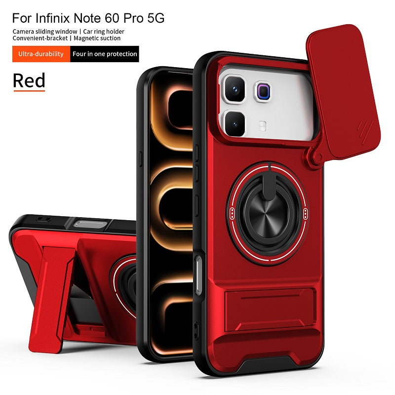 Luxury Slide Camera Lens Cover Case for Infinix Note 60 Pro 5G, Built-in Ring Stand and Folding Stand Magnetic Protective Case