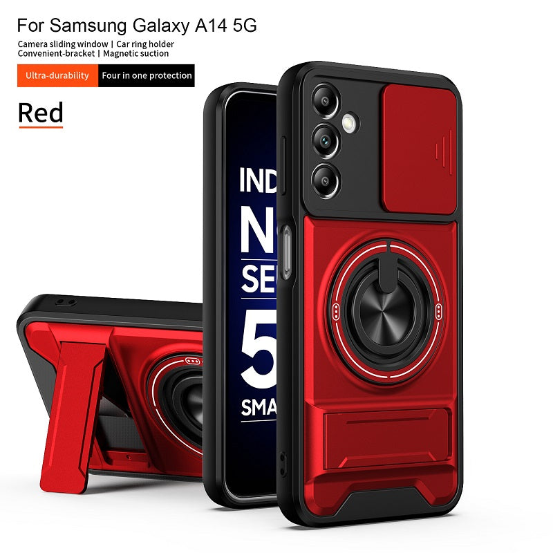 Luxury Slide Camera Lens Cover Case for Samsung Galaxy A14 5G/4G, Built-in Ring Stand and Folding Stand Magnetic Protective Case