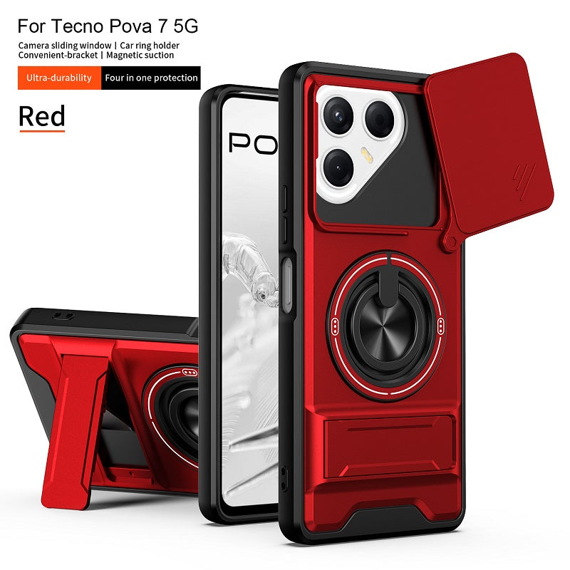 Luxury Slide Camera Lens Cover Case for Tecno Pova 7 5G, Built-in Ring Stand and Folding Stand Magnetic Protective Case