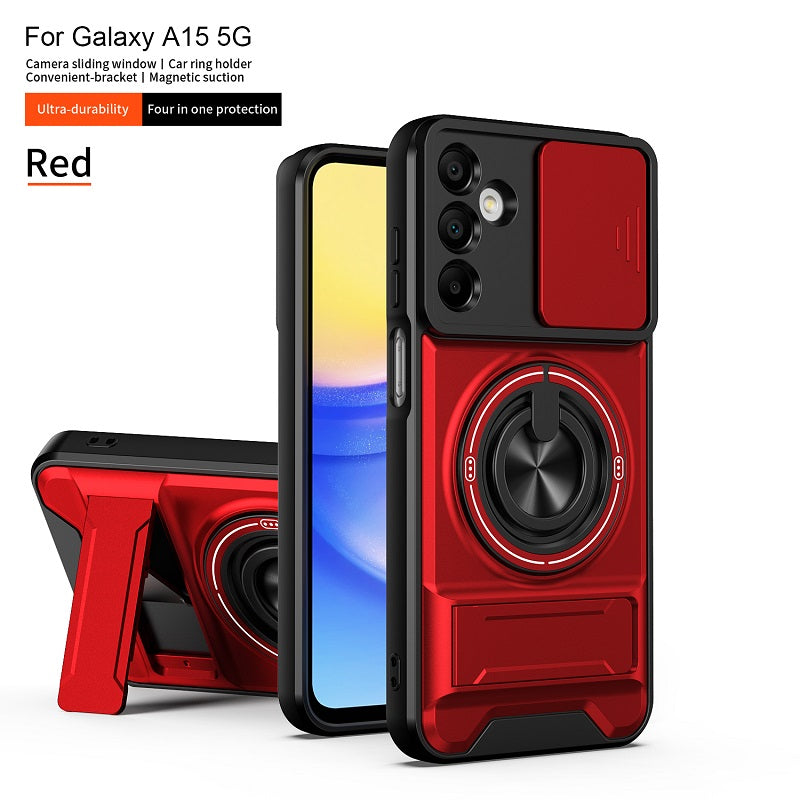 Luxury Slide Camera Lens Cover Case for Samsung Galaxy A15 5G/4G, Built-in Ring Stand and Folding Stand Magnetic Protective Case