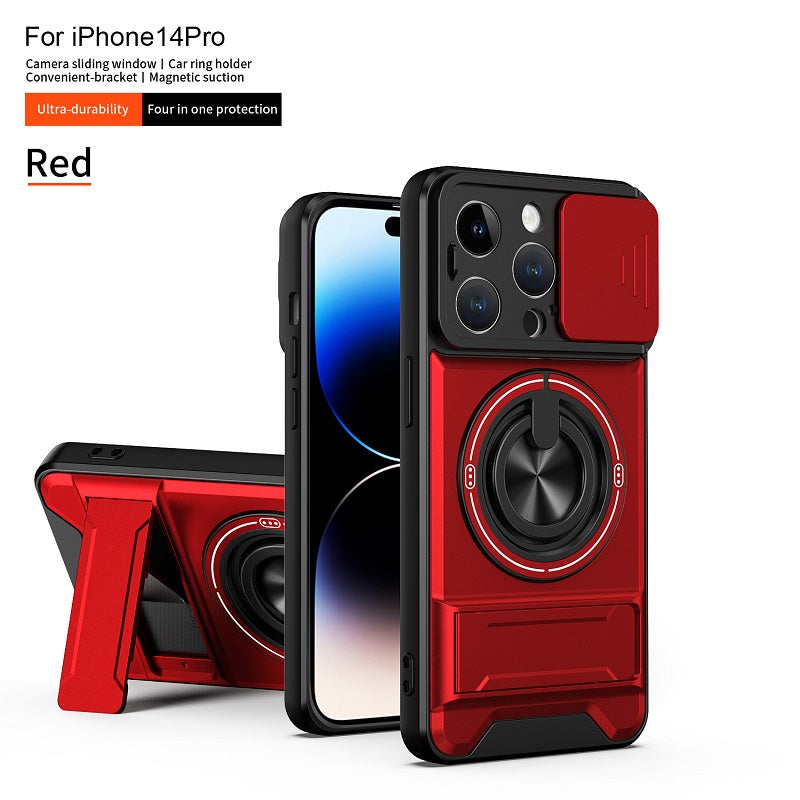 Luxury Slide Camera Lens Cover Case for iPhone 14 Pro, Built-in Ring Stand and Folding Stand Magnetic Protective Case