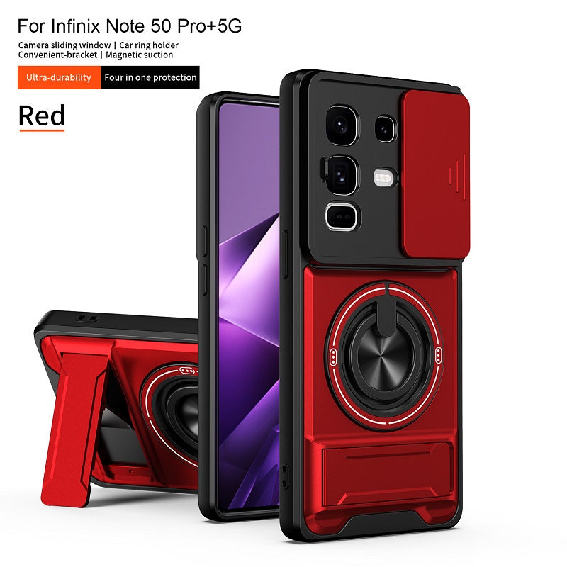 Luxury Slide Camera Lens Cover Case for Infinix Note 50 Pro+/Plus 5G, Built-in Ring Stand and Folding Stand Magnetic Protective Case