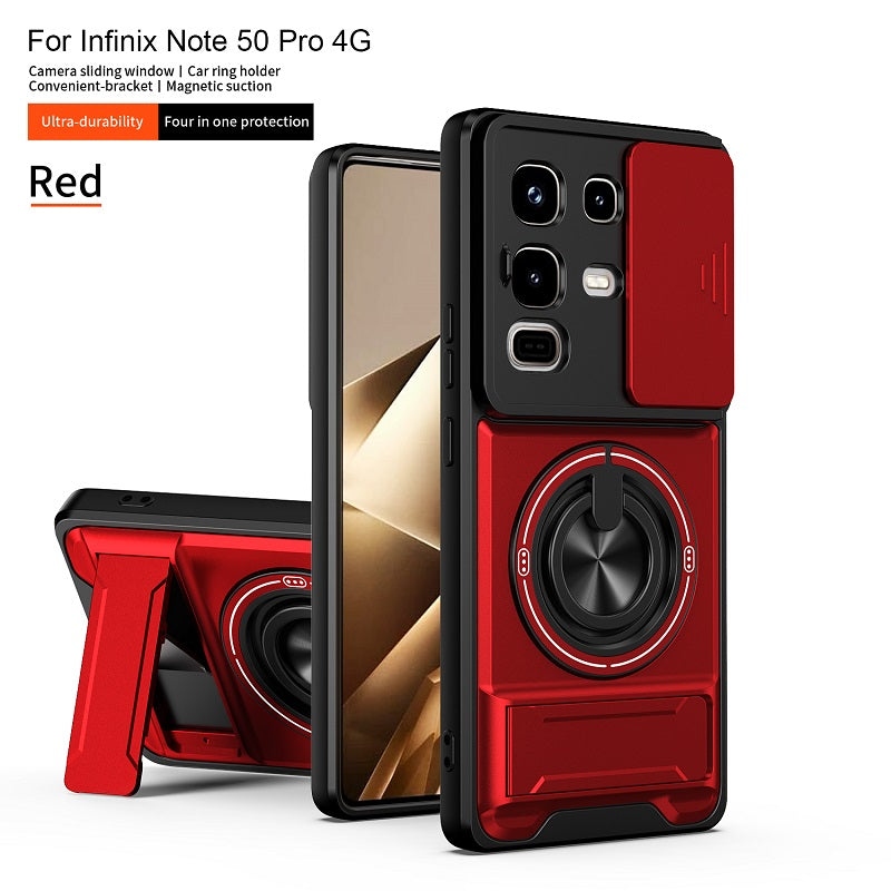 Luxury Slide Camera Lens Cover Case for Infinix Note 50 Pro 4G/Note 50 4G, Built-in Ring Stand and Folding Stand Magnetic Protective Case