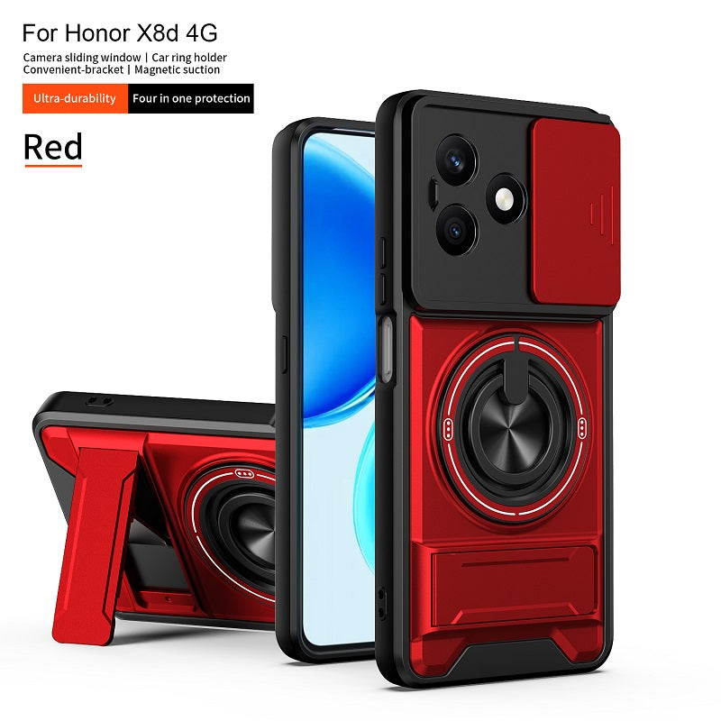 Luxury Slide Camera Lens Cover Case for Honor X8D, Built-in Ring Stand and Folding Stand Magnetic Protective Case