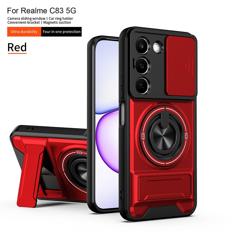 Luxury Slide Camera Lens Cover Case for OPPO Realme C83 5G, Built-in Ring Stand and Folding Stand Magnetic Protective Case
