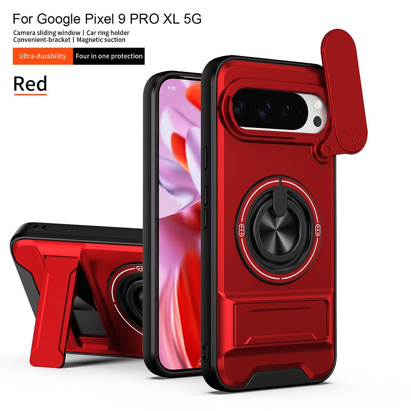 Luxury Slide Camera Lens Cover Case for Google Pixel 9 Pro XL, Built-in Ring Stand and Folding Stand Magnetic Protective Case