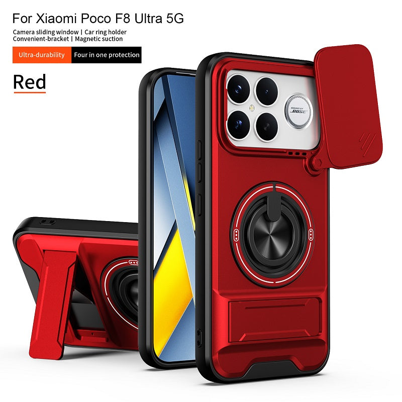 Luxury Slide Camera Lens Cover Case for Xiaomi Poco F8 Ultra, Built-in Ring Stand and Folding Stand Magnetic Protective Case
