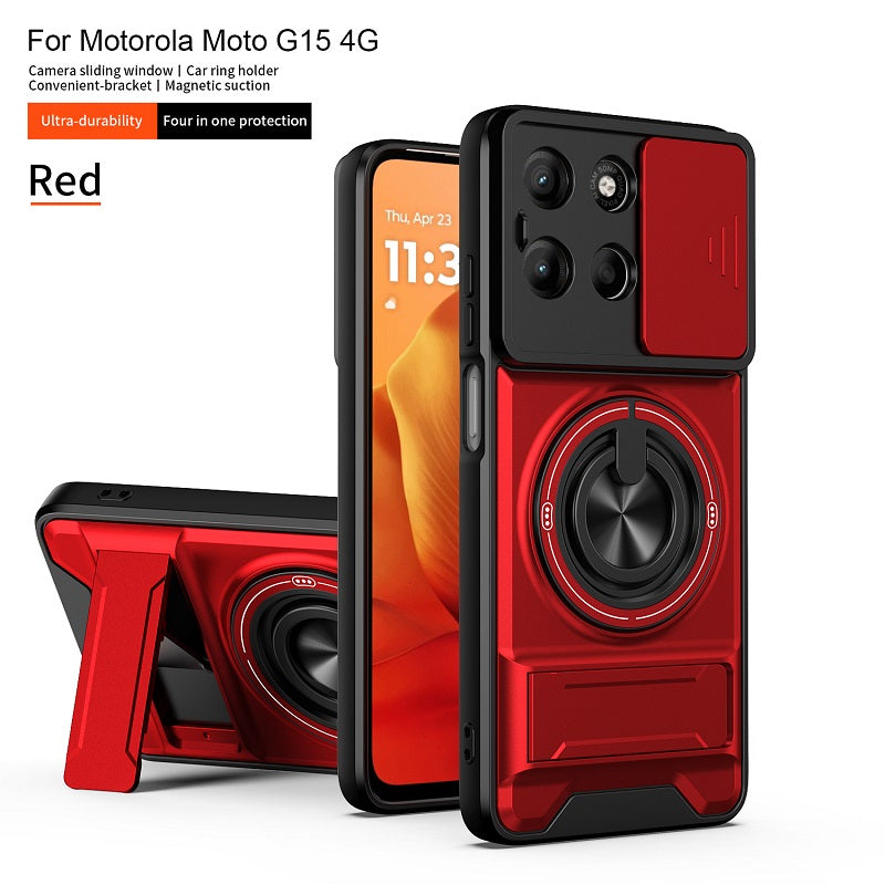 Luxury Slide Camera Lens Cover Case for Motorola Moto G15 4G, Built-in Ring Stand and Folding Stand Magnetic Protective Case