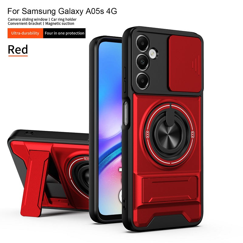Luxury Slide Camera Lens Cover Case for Samsung Galaxy A05S 4G, Built-in Ring Stand and Folding Stand Magnetic Protective Case