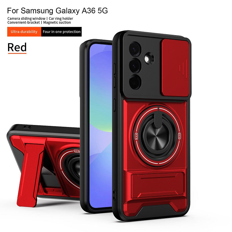 Luxury Slide Camera Lens Cover Case for Samsung Galaxy A36 5G, Built-in Ring Stand and Folding Stand Magnetic Protective Case